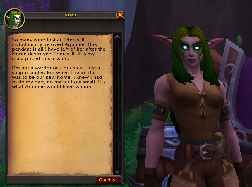 Portergauge's tweet photo. Oh this is a *deep* cut reference in 10.2. The Darnassus fishing trainer and the quest she gave to retrieve a priestess' necklace. 

Nice to see some confirmation of their relationship, even post-mortem, and to see that some of the Darnassus NPCs survived. https://t.co/g6xf1syBiU