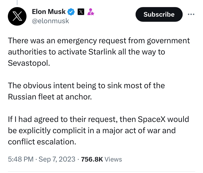 We’ve reached a point where individuals have become so wealthy and so powerful and so intertwined with the military industrial complex that they can just make unilateral decisions that change the course of wars.