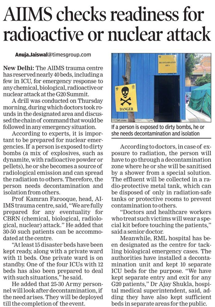 AnujaJaiswalTOI's tweet photo. The #AlIMS trauma centre has reserved nearly 40 beds, including a few in ICU, for emergency response to any chemical, biological, radioactive or nuclear attack at the #G20 Summit. https://t.co/PRtidkWlwj