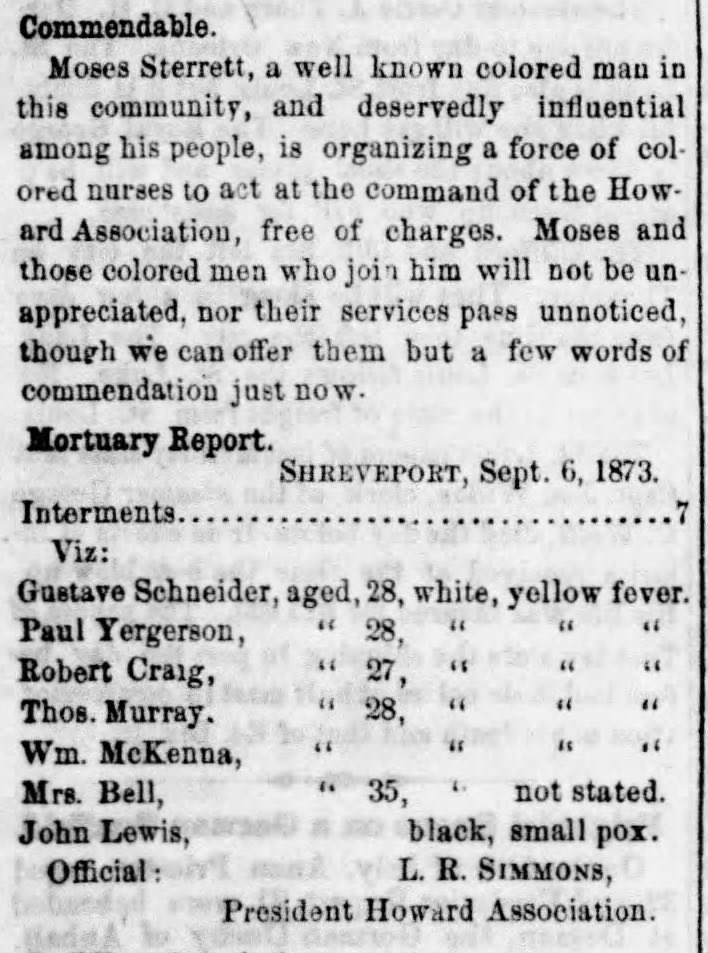 #TBT #ShreveportYellowFever150Years @LouisianaHouse of Representatives member, The Honorable Moses Sterrett comes to the aid of his fellow Shreveporters during the most traumatic event in the history of the city. #LaLege #LaGov The @ShreveportTimes 7 September 1873