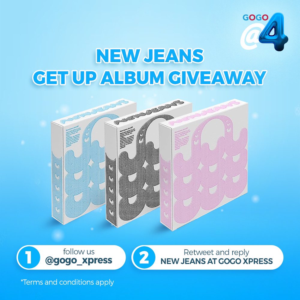 ✨ NEW JEANS GET UP ALBUM GIVEAWAY ✨

To join:
1. Follow us 
2. RT &amp; Reply NEW JEANS AT GOGO XPRESS

#GoGoXpressGiveaway #GoGoFourandMore