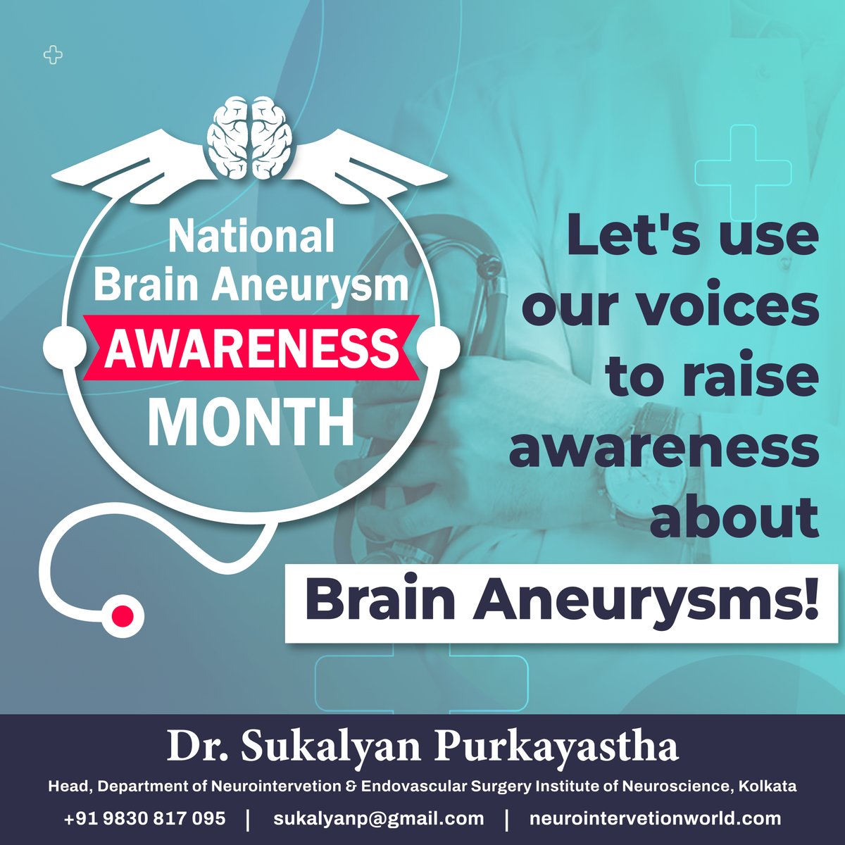 💡Raise awareness, save lives: It can happen to anyone, anytime. 

Call:- +91 9830 817 095
Email:- sukalyanp@gmail.com
Visits:- neurointerventionworld.com

#DrSukalyan #Awareness #BrainAneurysms #BrainAneurysmAwareness