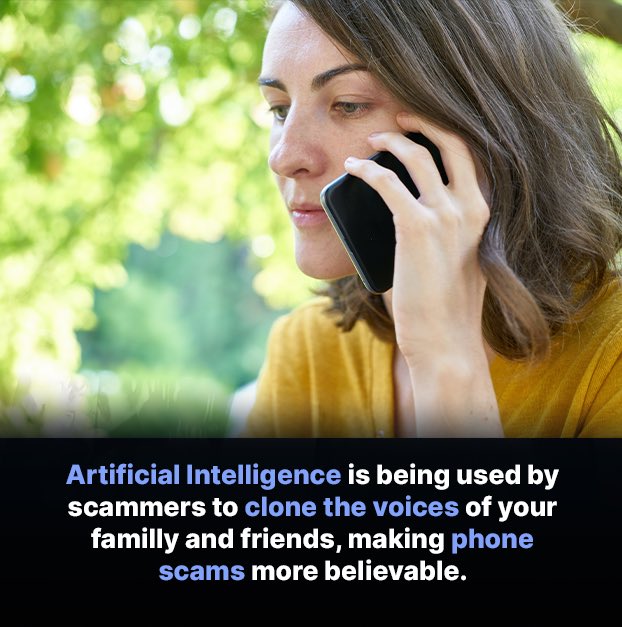 Spokeo's tweet image. #AI-driven scams are on the rise, with scammers using #voicecloning to imitate loved ones. Consider safeguarding yourself by implementing a “code word” system and verifying incoming calls. Have you encountered this type of #scam before?