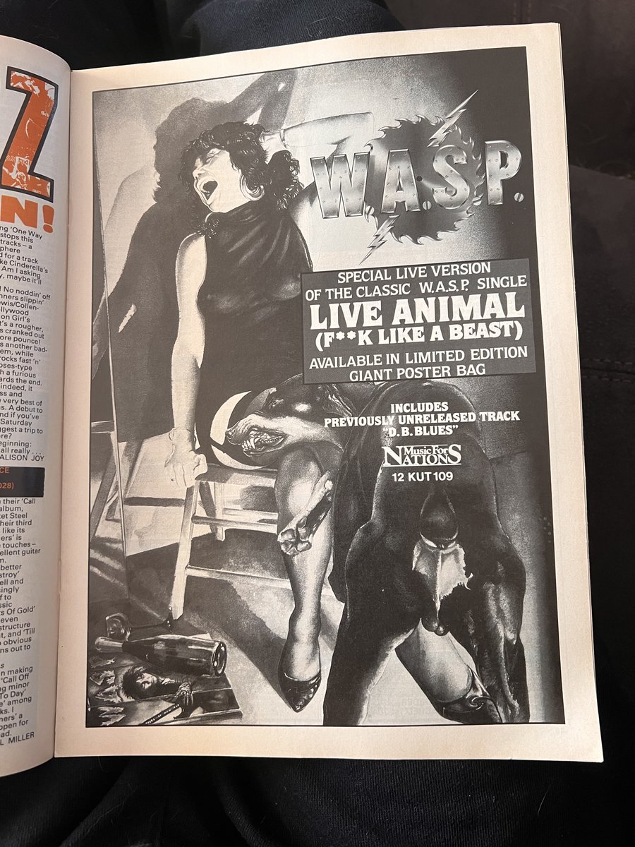 Two different #Kerrang magazine ads for the #WASP song, 'Animal (Fuck Like a Beast).' #hairmetal #blackielawless #chrisholmes