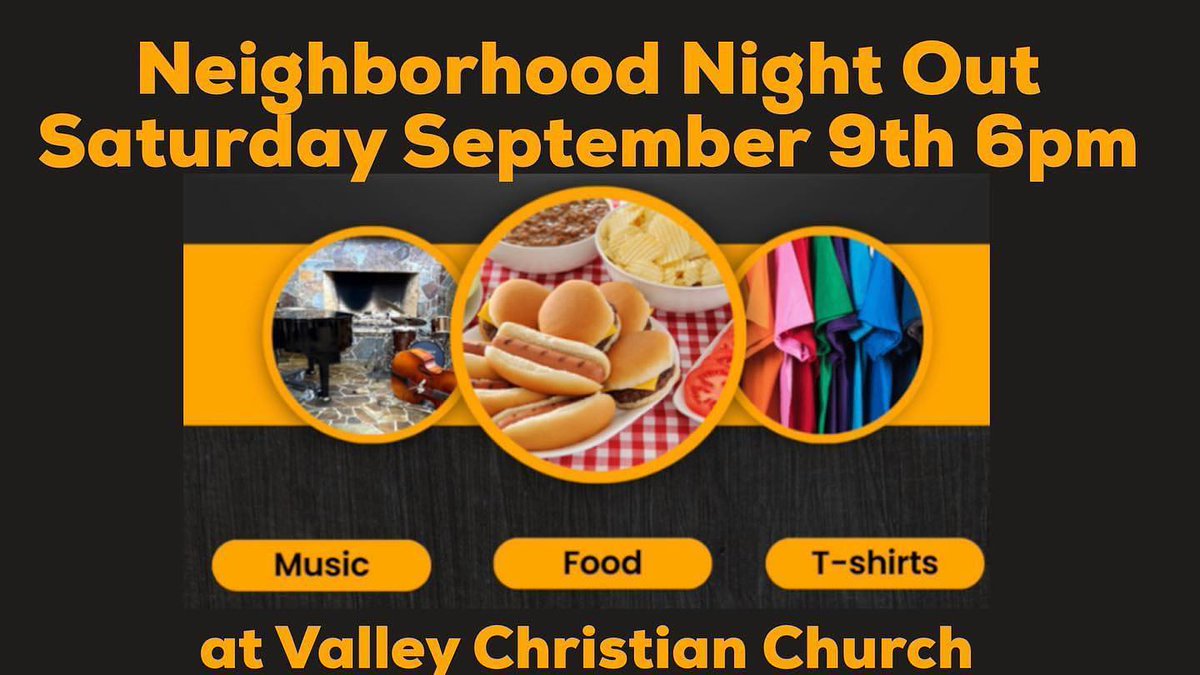 WilsonvilleHome's tweet photo. Neighborhood Night Out at Valley Christian Church this Saturday, September 9 at 6pm! Enjoy the smooth jazz tunes of Ambiance, plus picnic-style delights, delectable desserts &amp; your chance to snag a free t-shirt! Everyone welcome-bring your friends, family &amp; a lawn chair! https://t.co/NdDYkzZTMY