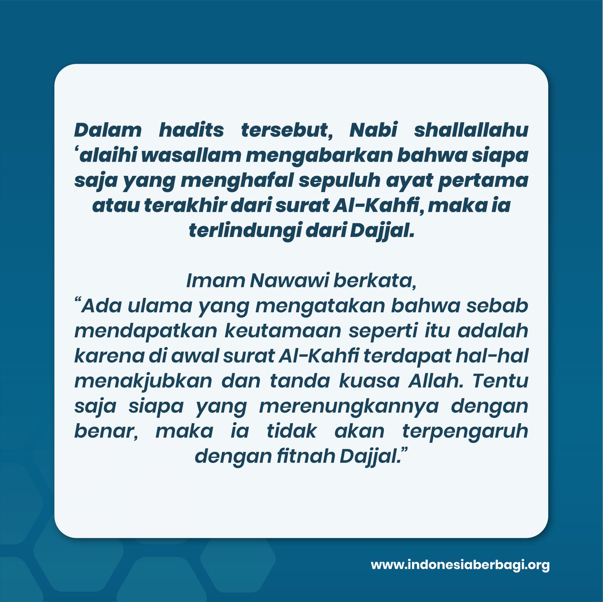 ibf_berbagi's tweet image. Saat ini,kita hidup di dunia ini sdh memasuki fase akhir zaman.Rasulullah SAW tlh memberikan salah satu panduan,agar kita terlindungi dari fitnah terbesar sepanjang sejarah peradaban manusia,yaitu fitnah dajjal.#jumat #safar #kahfi #alquran #alkahfi #surat #fitnah #dajjal #hafal