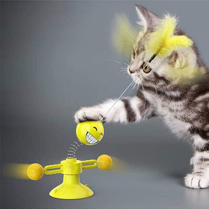 😹😸The product is a funny cat toy, which can be used as a cat puzzle toy, a cat turntable toy, a windmill toy, a self-playing toy for boredom or a funny teasing stick that can be shaken back and force.