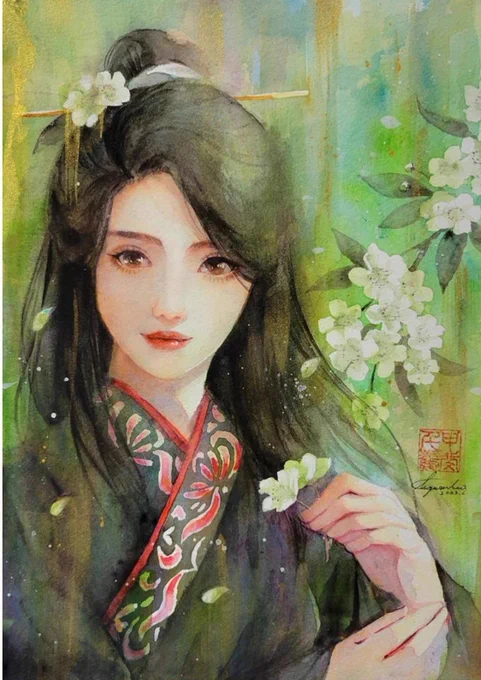 【お嫁入決定作品】虢国夫人(かくこくふじん)十二花神・梨の花の女神に祭られた、楊貴妃の姉の一人。自分の強みを知り、淑やかにより自分らしく。男装の麗人として伝わる逸話を持つ、激動の時代を生きた麗人。皇帝の前に出るときさえ自分のスタイルを貫き通した、凛とした貴人ですぬ#美人画…  