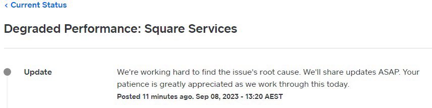 5k1nnan3's tweet image. @square still can’t work out what the problem is (time now 13:30 AEST).  Whole incompetent IT department needs to be replaced.  
#square #squaredown