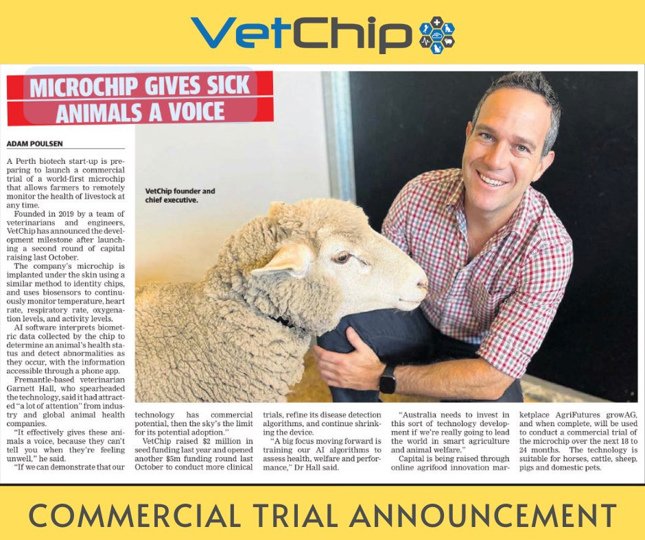 VetChip is thrilled to announce a monumental milestone in our mission to enhance the lives of animal everywhere with our first commercial trial that will allow farmers to remotely monitor livestock at any time.

#VetChipCommercialTrial #AnimalWellBeing  #AgrifuturesAG #agritech