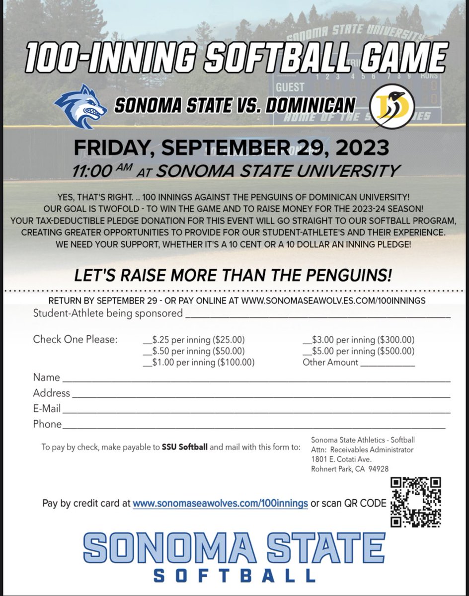 Our biggest fundraiser is approaching- 100 innings of softball vs Dominican on Sept 29th.  Anything you can do would be greatly appreciated!  Help us reach our goal of $10K!!!  Link in bio.
sonomaseawolves.com/100innings
