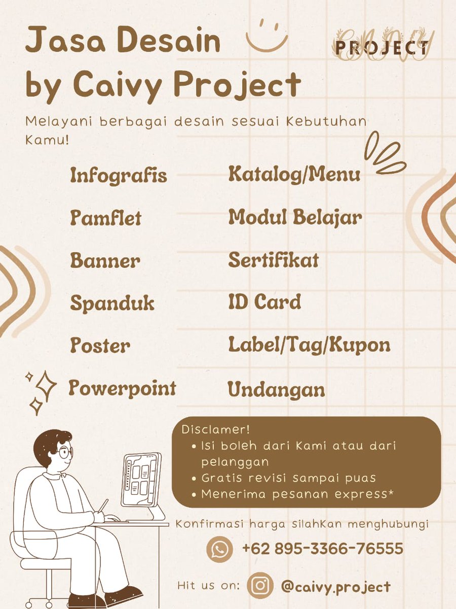 ✨️ open jasa desain grafis ✨️

- infografis 
- pamflet
- banner
- spanduk
- poster
- sertifikat
- modul
- ubah format
- dll tanya2 aja dulu siapa tau bisa dibantu🙌

yuk order fast respon ke WA ya! 

📞 wa.me/62895336676555

#zonauang #jokitugas #jasadesain