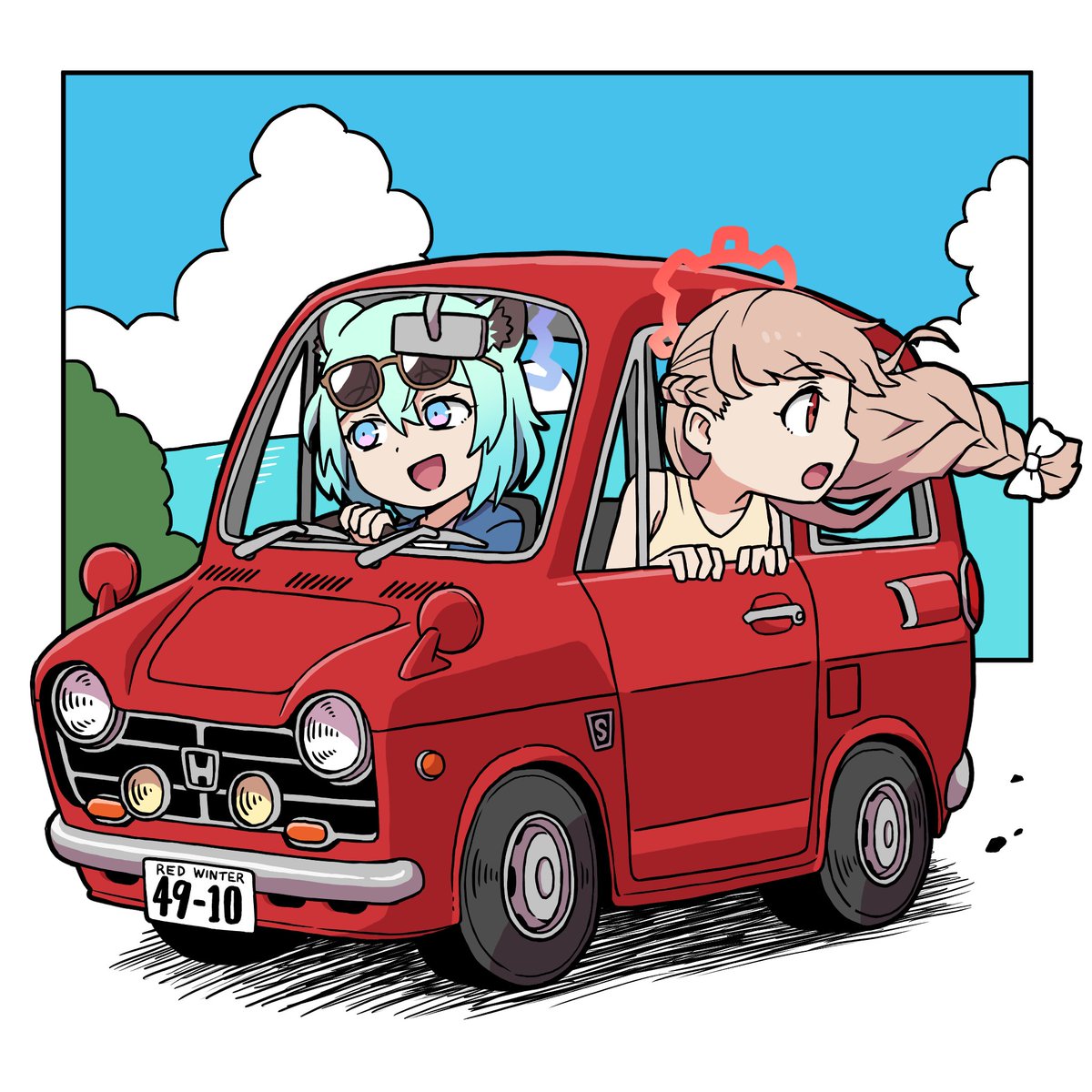 multiple girls 2girls driving motor vehicle ground vehicle car eyewear on head  illustration images