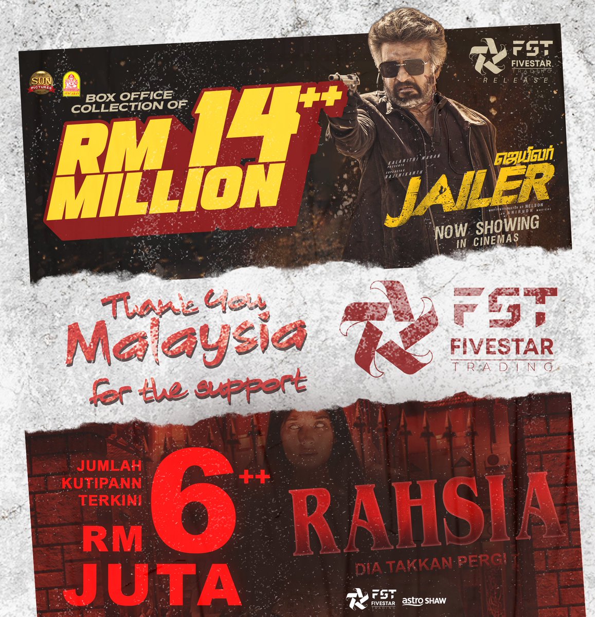 LFSCinemasMY's tweet photo. ๐ฒ๐พ Thank you Malaysia for the overwhelming support! ๐ฒ๐พ ๐ซก
#Jailer - RM14++ Million
#Rahsia - RM6++ Million
Catch these blockbusters NOW PLAYING in cinemas ๐ฅ
#Rahsia2023 #AstroShaw @AstroShaw #Jailer @sunpictures @FSTofficialmy #TheOGIsBack #FiveStarTrading https://t.co/bc8MRS1mq8