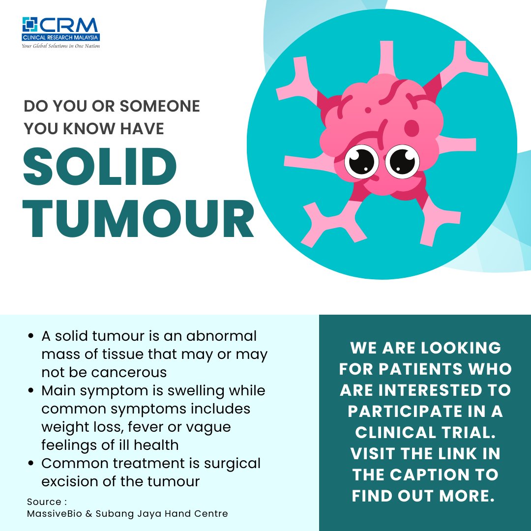 We are looking for patients with Solid Tumour condition. Visit the link below if you are interested to partake in our clinical trial!

clinicalresearch.my/condition/soli…

#findaclinicaltrial #clinicalresearchmy #solidtumour