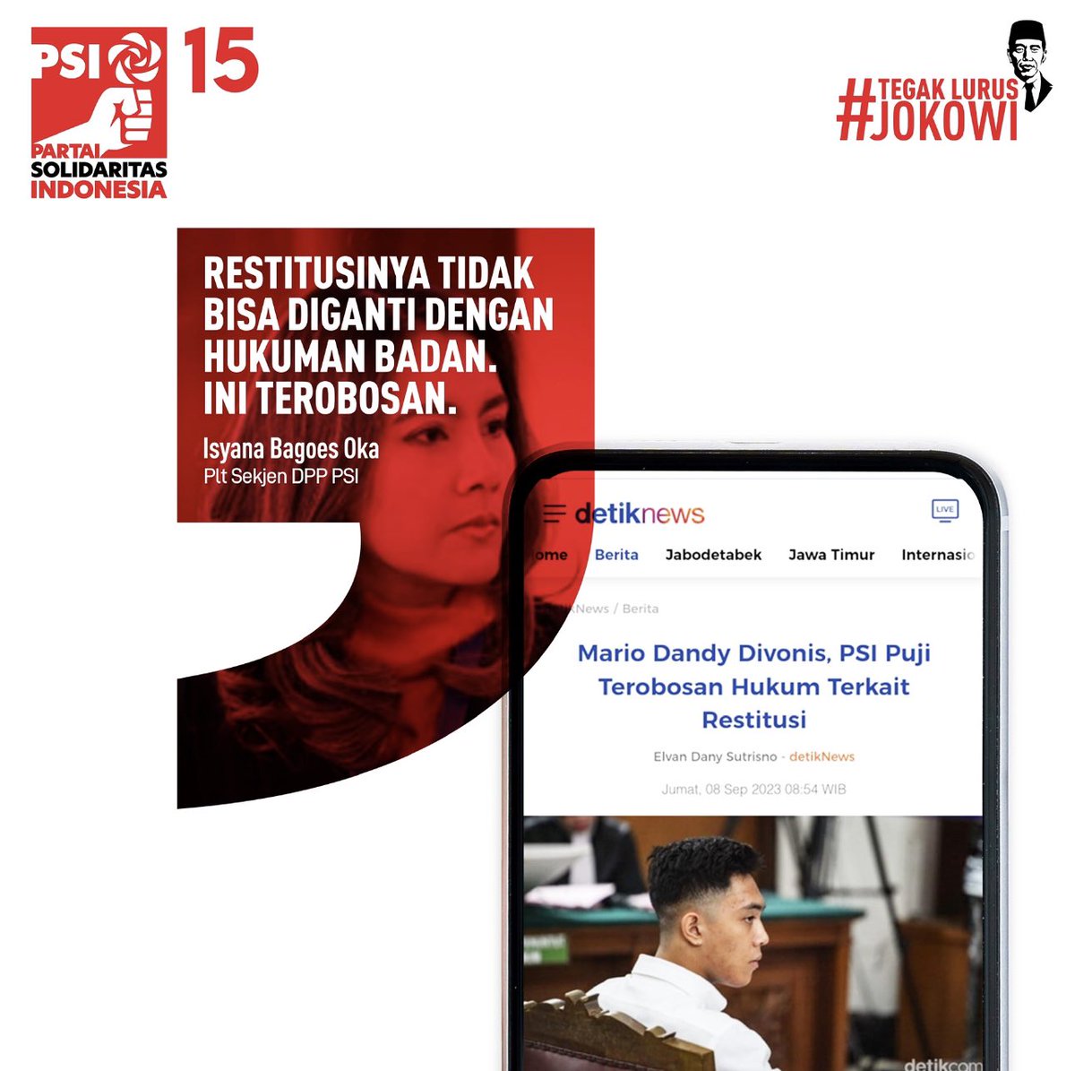 psi_id's tweet photo. Partai Solidaritas Indonesia mengapresiasi vonis yang dijatuhkan  majelis hakim PN Jakarta Selatan untuk Mario Dandy karena menganiaya David Ozora https://t.co/H0yi8AIYNM
