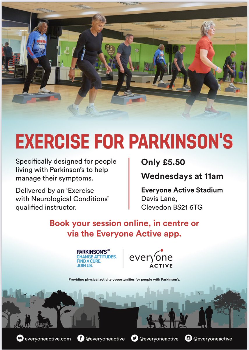 A new #Parkinsons exercise class launches at the @EveryoneActive Stadium in #Clevedon next week.
11am each Wednesday. See you there #NorthSomerset!! 💪