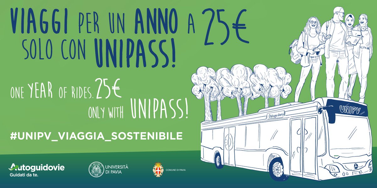unipv's tweet photo. #Unipass: nessun aumento di prezzo per il super abbonamento dedicato agli studenti #unipv per viaggiare sui mezzi @AutoguidoviePV in città e nell’area urbana di Pavia https://t.co/s7EfJ2Nwmr #unipv_viaggia_sostenibile @ComunePV #Pavia https://t.co/lttqqIeMF3