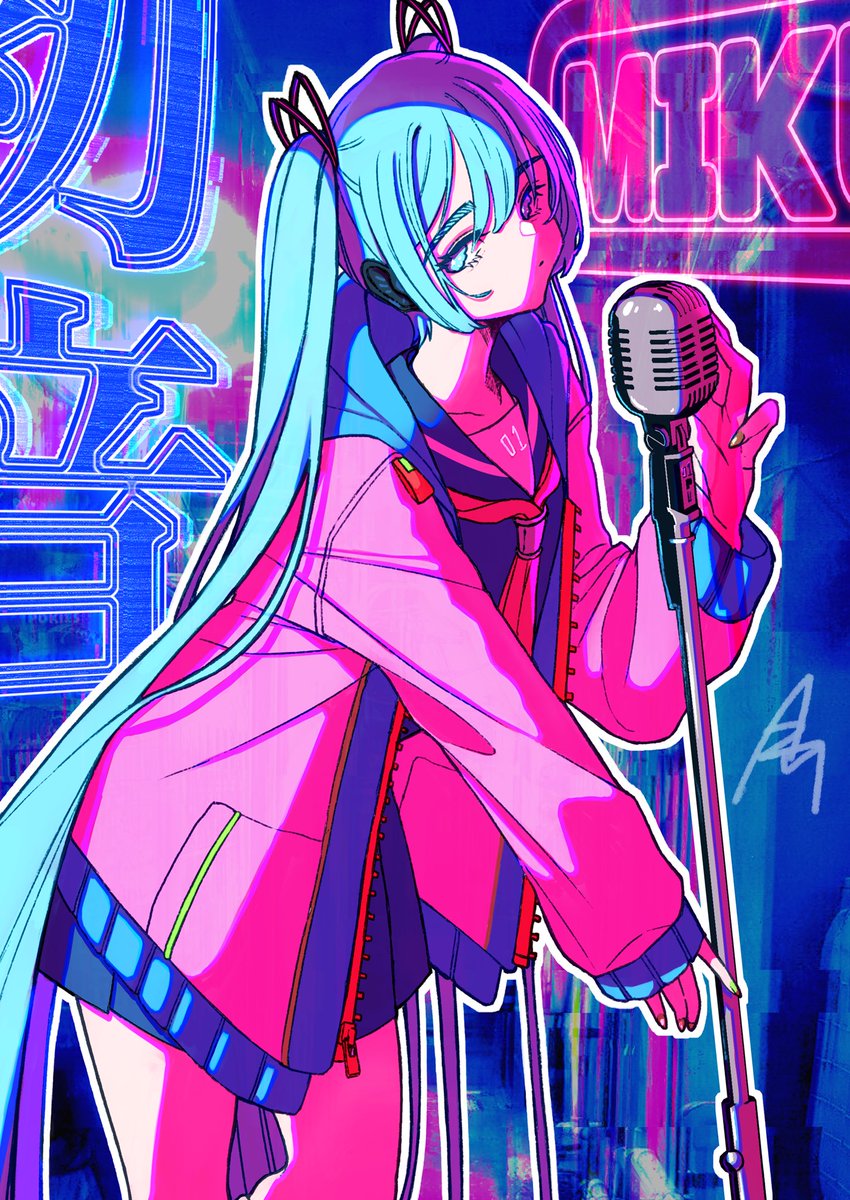 hatsune miku 1girl solo microphone long hair twintails microphone stand skirt  illustration images