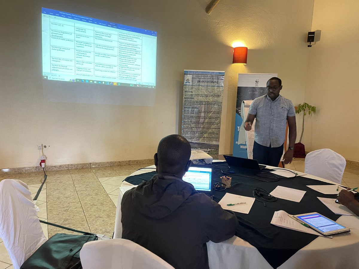 enock_kiminta's tweet photo. Day 2 discussions of the various draft water regulations by the Civil society organizations in the natural resources sector. Presentations of group work for Draft water regulations 2023 and Water Act (Amendments) Bill 2023. @MOWSI_KE @WRA_KEN @KeWruas https://t.co/F1Lzg0UZPH