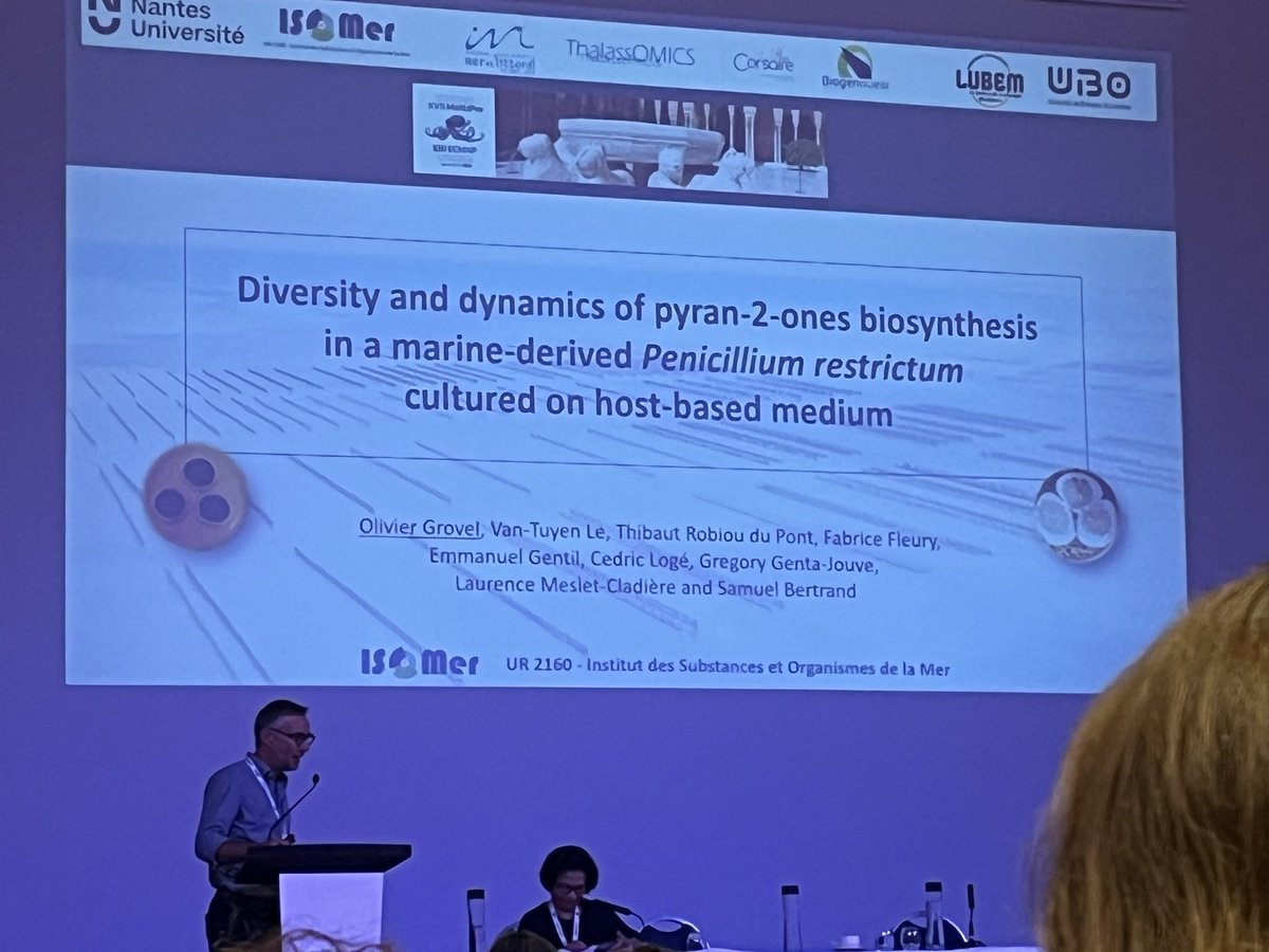 SamBertrand44's tweet photo. Congratulation Olivier GROVEL from #ISOMer @NantesUniv for your nice talk a the #ECMNP #MaNaPro about « Diversity and dynamics of pyran-2-ones biosynthesis in a marine-derived #Penicillium restrictum cultured on host-based medium » https://t.co/3KD43ccV5Q