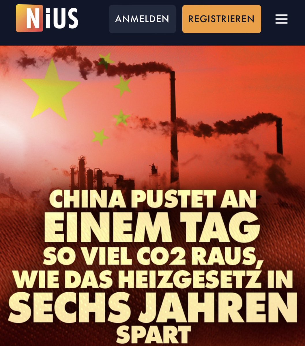 Guten Morgen! Das heute zu beschließende #Heizungsgesetz wird in 6 Jahren so viel CO2 einsparen, wie China an einem Tag rausballert. #NIUS: nius.de/Politik/china-…