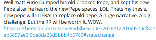 ztrader369's tweet photo. THE PLAY IS TO BE THE ONLY PEPE LEFT STANDING. BIG PLAY BIG RR. @PepeCommunity_ When the creator sells, it tells you it's not his vision for a token... Maybe the new community Pepe will be? Now the top Pepe token he is HOLDING. $PEPE https://t.co/qLMNrUV1uc