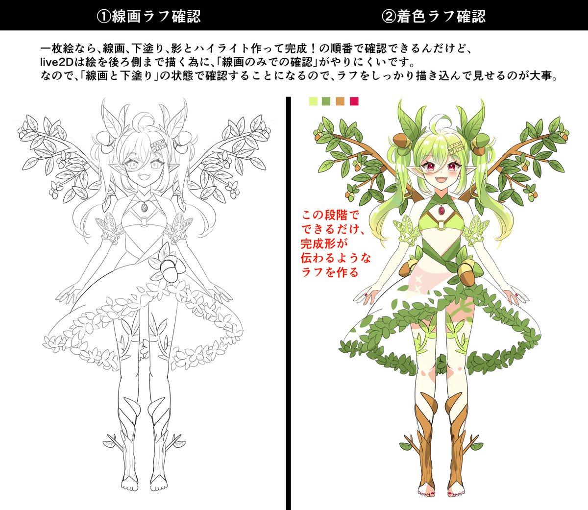 下描き確認用 ☆live2Dパーツ分けイラストの制作の流れ☆ ①線画ラフ確認 ②着色ラフ
