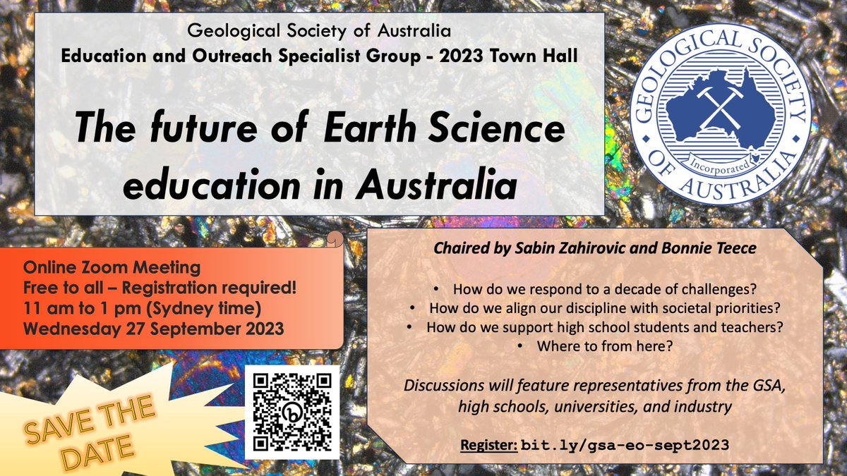 Earth Science has faced significant challenges in Aus and beyond over the last decade. Join us on Wed 27 Sept as part of the GSA's Education and Outreach specialist group Town Hall. Come along to discuss practical steps forward. bit.ly/gsa-eo-sept2023 <a href="/GeoSocAustralia/">Geogical Society Australia</a> <a href="/stansw/">STANSW</a>