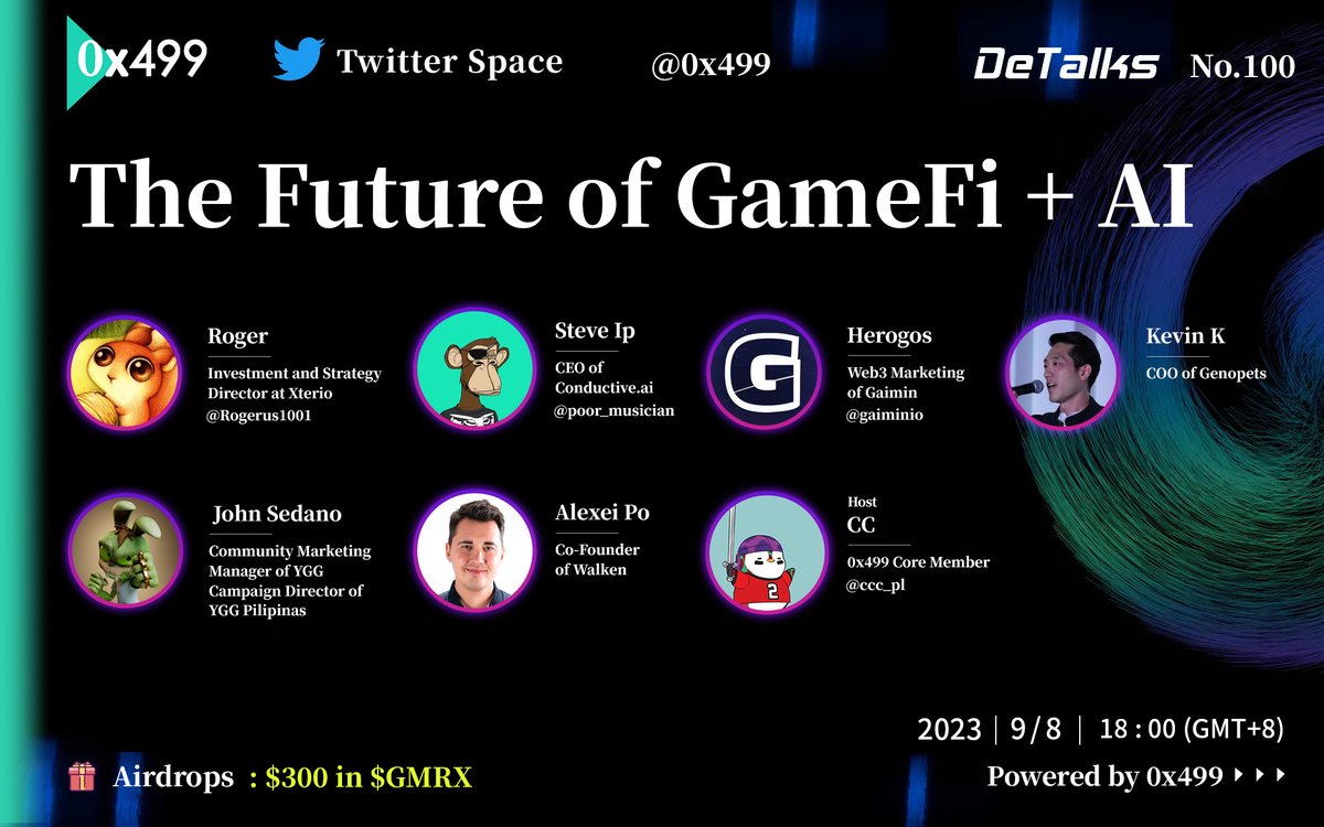 499_Group's tweet photo. [EN] The Future of GameFi + AI

0x499 Detalks NO.100

⏰6PM(GMT+8) Sep 8th 2023

🎙️ @Rogerust001 @XterioGames @poor_musician @conductiveai @AnimocaVentures @GaiminIo @genopets @johnsedanoNFT @YieldGuild @walken_io @ccc_pl 

🎁 $300 in $GMRX 

👾Join DC https://t.co/cawZi7h4fL https://t.co/i17WeWOifO
