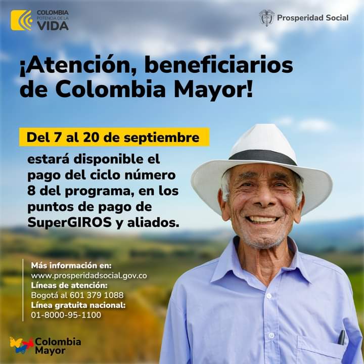 VilladeMongui's tweet photo. Atención Beneficiarios Colombia Mayor 
𝐃𝐞𝐥 𝟕 𝐚𝐥 𝟐𝟎 𝐝𝐞 𝐬𝐞𝐩𝐭𝐢𝐞𝐦𝐛𝐫𝐞 𝐞𝐬𝐭𝐚𝐫𝐚́ 𝐝𝐢𝐬𝐩𝐨𝐧𝐢𝐛𝐥𝐞 𝐞𝐥 𝐩𝐚𝐠𝐨 𝐝𝐞𝐥 𝐜𝐢𝐜𝐥𝐨 𝐧𝐮́𝐦𝐞𝐫𝐨 𝟖 𝐝𝐞𝐥 𝐩𝐫𝐨𝐠𝐫𝐚𝐦𝐚, 𝐞𝐧 𝐥𝐨𝐬 𝐩𝐮𝐧𝐭𝐨𝐬 𝐝𝐞 𝐩𝐚𝐠𝐨 𝐝𝐞 𝐒𝐮𝐩𝐞𝐫𝐆𝐢𝐫𝐨𝐬 𝐲 𝐚𝐥𝐢𝐚𝐝𝐨𝐬. https://t.co/UvPQnQQM9A