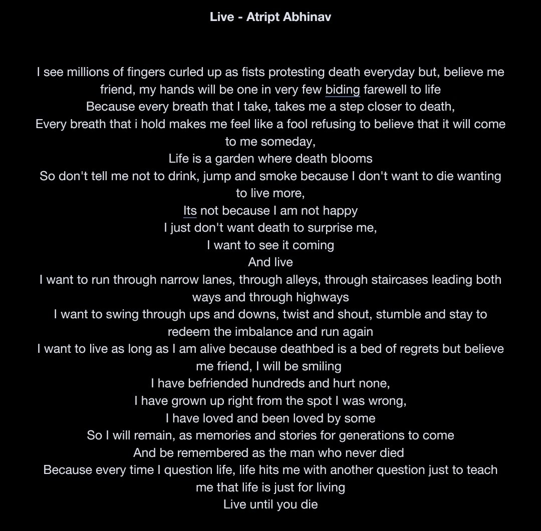 AtriptAbhinav's tweet photo. Everytime I question life,
Life hits me with another question just to teach me that life is just for living
Live until you die
- Atript Abhinav
#Live #poetrycommunity #vsspoem #vss365 #lifequotes #PoemADay #poetry #writerslift #AtriptAbhinav #Nepal https://t.co/ohzeYtyFDo