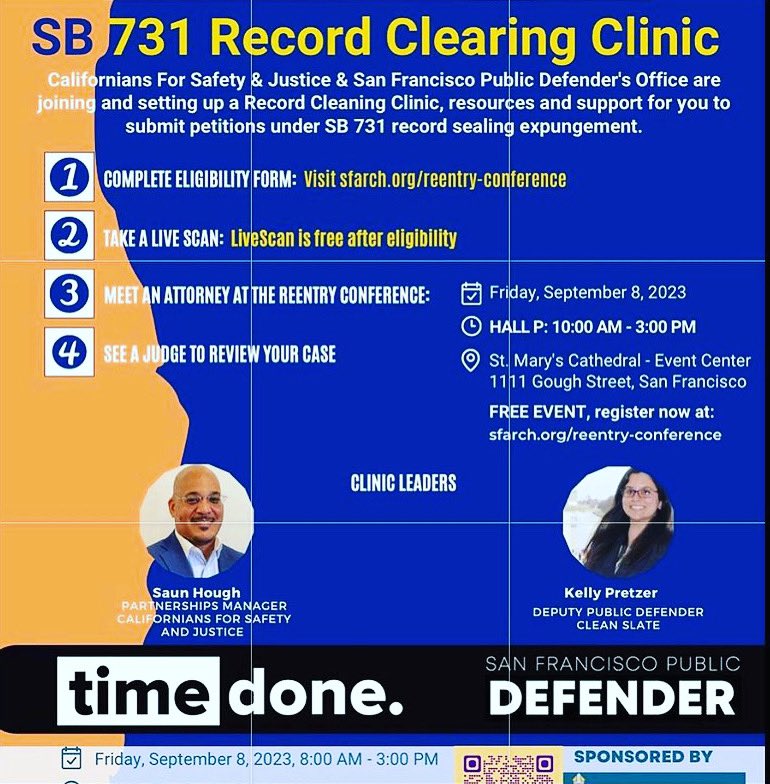 Friday 9/8 come get a Clean Slate! @sfdefender will be holding a record clearing clinic w/ @safeandjust @timedone. Get the info/guidance/support you need to benefit from a new CA law #SB731 that has expanded eligibility for cleaning up your record. Please share!