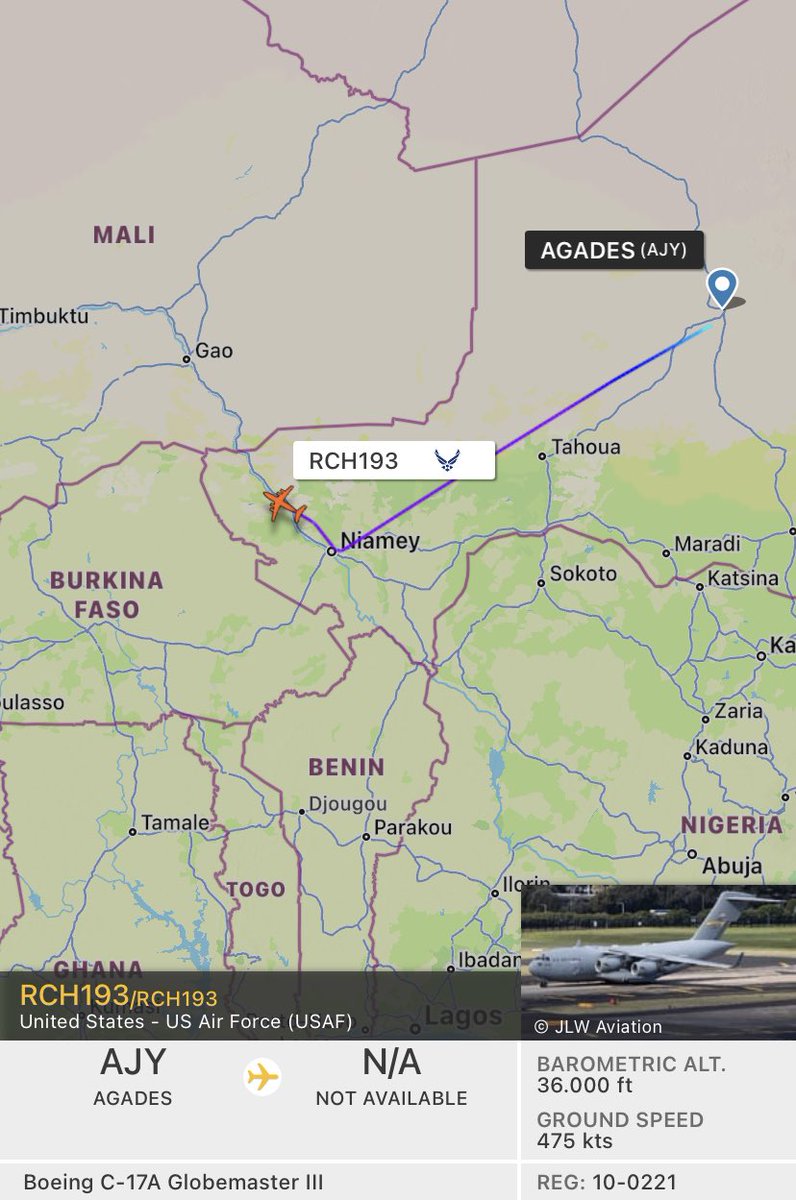 #Niger🇳🇪- Yesterday USAF🇺🇸 C-17A (reg. 10-0221 | AE4F15) flew from Ramstein AB🇩🇪 to Nouakchott🇲🇷. According to Acars messages, the C-17A flew last night to Niamey, continued then to US Air Base 201. This morning it showed up 1st time during the 🇳🇪trip time when leaving Agadez.