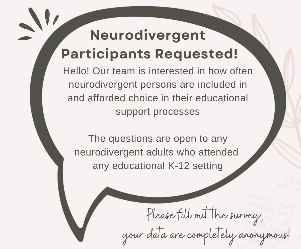 Hello! Cannon Ousley and I are working on a presentation about teaching choice in schools and hope to gather anecdotal data on the experience of neurodivergent adults. Please help us out, and feel free to share! missouri.qualtrics.com/jfe/form/SV_d5…