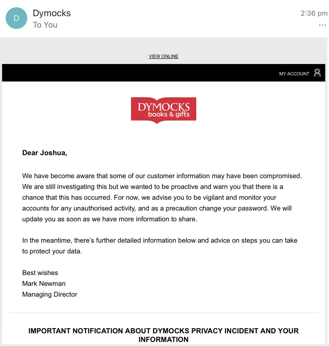 JoshoForShort's tweet photo. Oh dear, @Dymocksbooks have had a data breach. Now everyone will see all the kinky shit I read…
#CyberSecurity @ASDGovAu https://t.co/FTfG2t0vAv