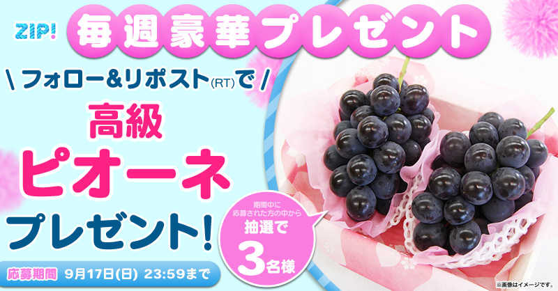 ZIP_TV's tweet photo. 🌅朝は #ZIP! でスマイル🎀

■━━━━━━━━━━■
　　  高級ピオーネ
プレゼントキャンペーン
　　　1⃣日目❣
■━━━━━━━━━━■

📝応募方法📪
1️⃣@ZIP_TVをフォロー▶
2️⃣この投稿をリポスト🔁
➕毎日参加で当選率UP⤴

今すぐリポストで参加してね❣
💙
👐#ZIP