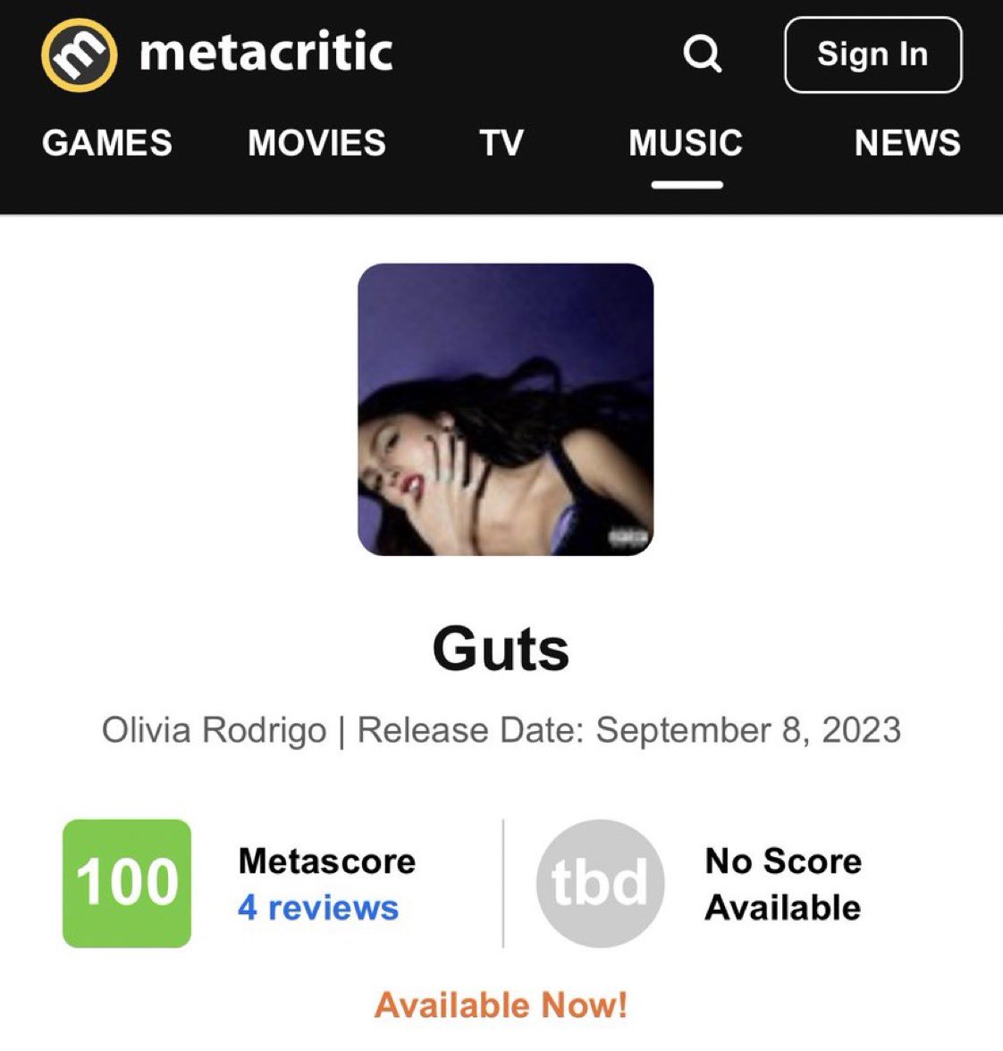 statsrodrigo's tweet image. “GUTS” debuts with a perfect score of 100/100 on Metacritic.