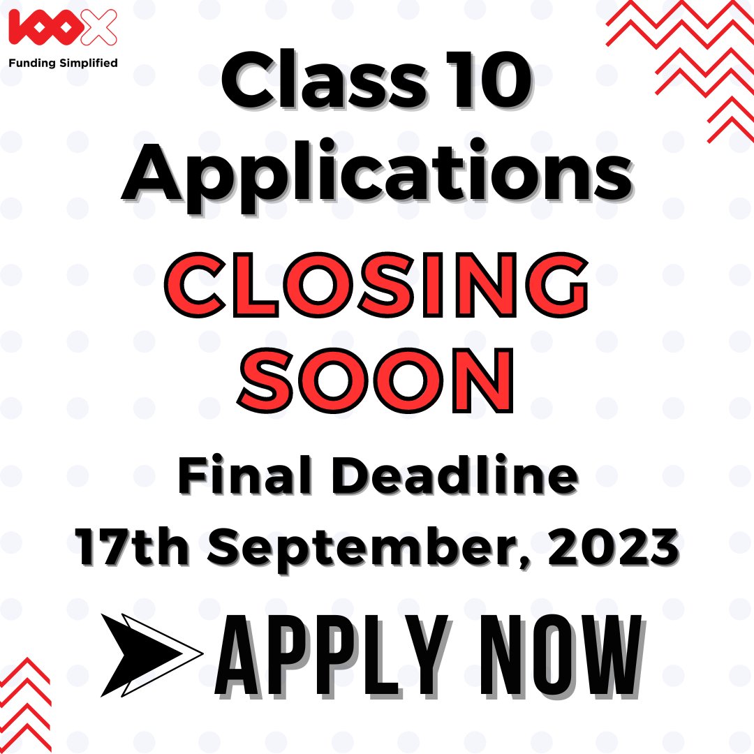 Hurry, Class 10 Applications are closing soon! Apply for Class 10 and Seize the opportunity for securing INR 1.25 Crore as your first step towards your entrepreneurial journey. Make sure to apply to Class 10 by September 17, 2023. Apply: 100x.vc/class10 #startups