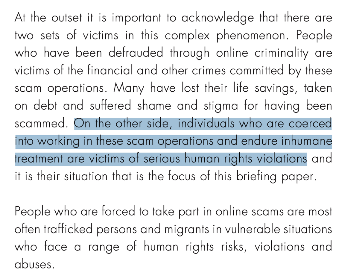 Wow, the UN just dropped a whole ass report on how humans are being trafficked and forced to operate scam centers &amp; steal crypto.

This report is much more eloquent and well-researched than me.

Everyone should read it.

bangkok.ohchr.org/wp-content/upl…