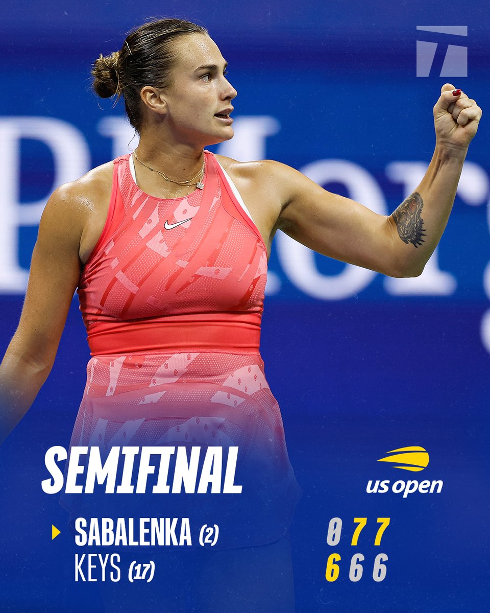 TennisChannel's tweet photo. WHAT A COMEBACK FROM ARYNA!!!

Aryna Sabalenka erases a 0-6 3-5 deficit to beat Keys in three sets!

Will face Gauff in her 2nd major final. #USOpen https://t.co/C0HNDrUSkI