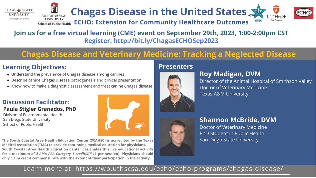 Our next ECHO session on #Chagas disease in #dogs presented by #Veterenarian Dr. Roy Madigan and Dr. Shannon McBride! Come learn about this important #OneHealth issue! wp.uthscsa.edu/echo/echo-prog…