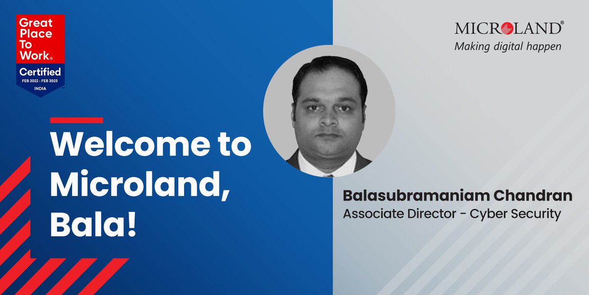 MicrolandLtd's tweet photo. Microland welcomes Balasubramaniam Chandran as Associate Director - Cyber Security. Based out of Bengaluru, he will be responsible for cybersecurity services for global customers.
Welcome to Microland, Balasubramaniam!
#makingdigitalhappen
#onwardsandupwards #microlander https://t.co/s0HXOjAbNI