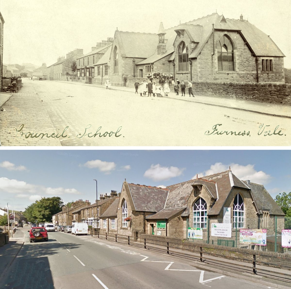 Furness then and now. A few changes in this view. The School has new windows and has lost its bell tower. A new house has appeared, 35 Buxton Road, and some mature trees have grown. The bell was sometimes a target for mischievous children who would tug on the rope ! #FurnessVale