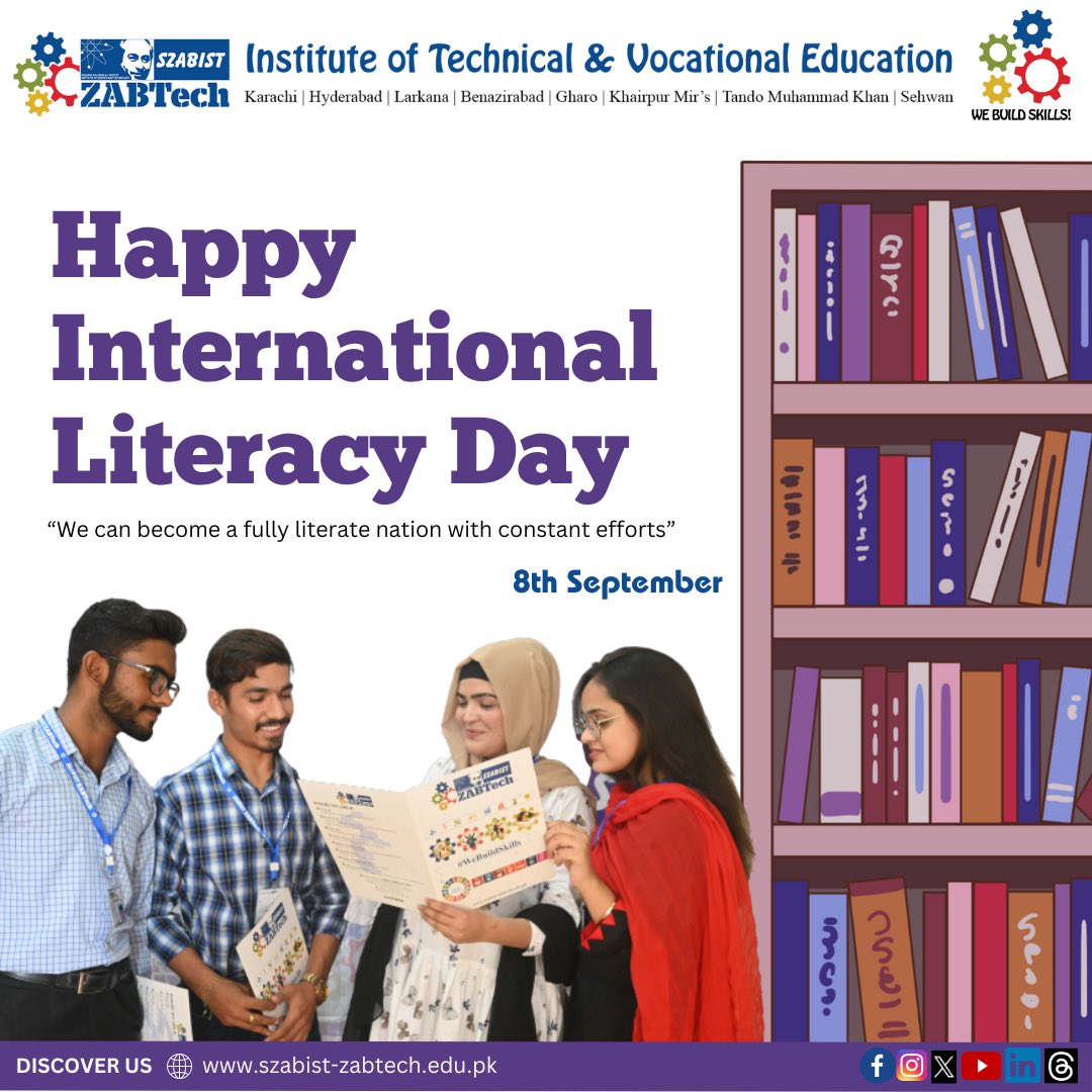 SzabistZabtech's tweet photo. On 𝐈𝐧𝐭𝐞𝐫𝐧𝐚𝐭𝐢𝐨𝐧𝐚𝐥 𝐋𝐢𝐭𝐞𝐫𝐚𝐜𝐲 𝐃𝐚𝐲, let's renew our commitment to making quality education accessible to everyone. 

#szabistzabtechitve #InternationalLiteracyDay #September08 #powerofknowledge #learningisgrowing #ZABTech #TVET #educationforall #SkillsForAll https://t.co/idnZEAkgXW