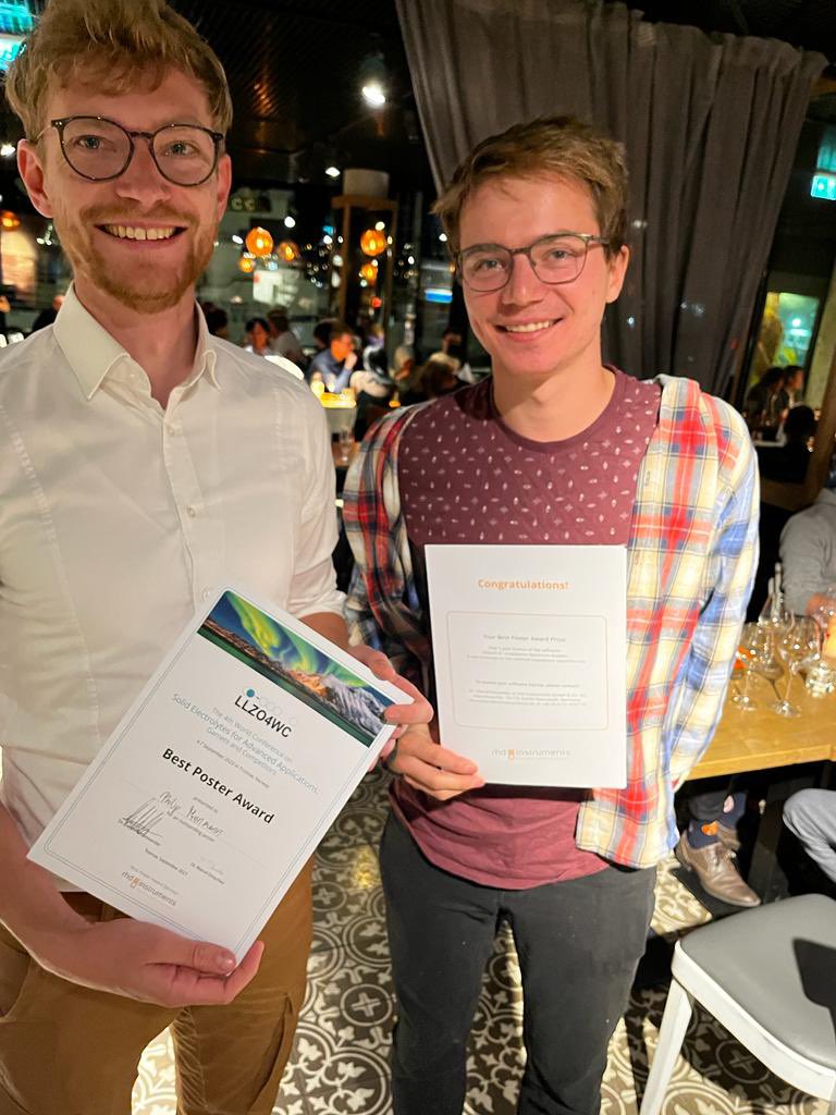 Congrats to Philip Minnmann <a href="/jlu_lama/">Center for Materials Research (ZfM)</a> <a href="/jlugiessen/">Universität Gießen</a> and Franjo Weber <a href="/mpi_polymer/">Max-Planck-Institut für Polymerforschung</a> (great coop. with him) for their poster prizes at LLZO4WC organized by <a href="/EnMatLab/">Daniel Rettenwander</a> in Tromsø. Well deserved.