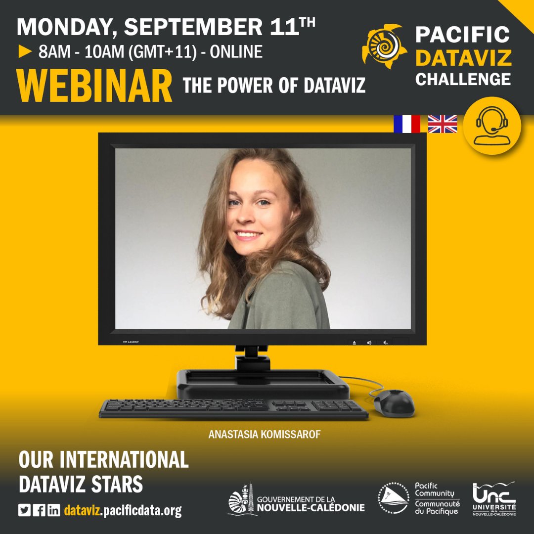 🌏📊 #PacificDatavizChallenge - Today meet @AnastasiaKomissarof, one of our dataviz starts, monday, September 11th, from 8AM to 10AM (GMT+11)
Register : shorturl.at/dkF58
#PacificStats #data #DataStats
<a href="/GouvNC/">GouvernementNC</a> <a href="/spc_cps/">Pacific Community</a> <a href="/datagouvnc/">data.gouv.nc</a> <a href="/pacificdatahub/">Pacific Data Hub</a> <a href="/unc/">UNC-Chapel Hill</a>