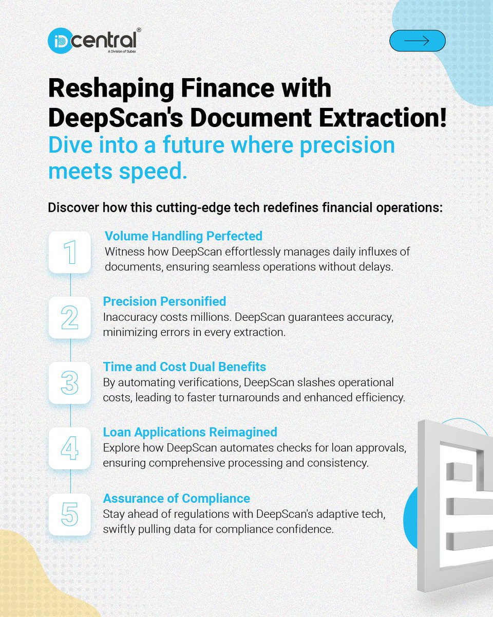 idcentral_io's tweet image. Explore finance's future with #DocumentExtraction: Swift credit assessments, real-time risk management, fraud detection, & cost-effective compliance at your fingertips.
Learn how you can elevate client relationships and cut costs. zurl.co/I0Lq
#FinTech