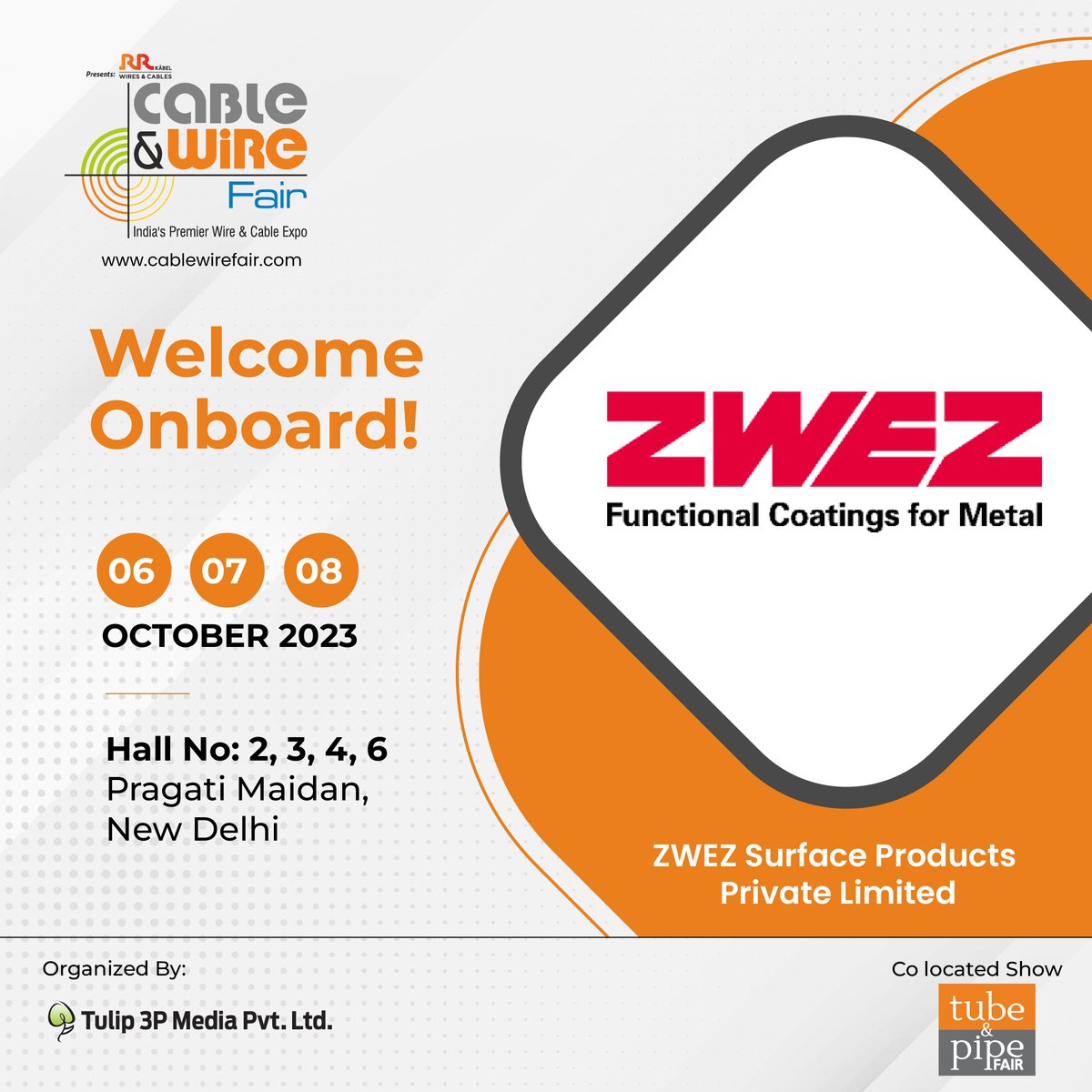 cablewirefair's tweet photo. We are Honored to Welcome,ย ZWEZ Surface Products Pvt. Ltd.ย at theย @CableWireFairย ๐๐๐๐ from ๐๐๐ญ๐ก ๐ญ๐จ ๐๐๐ญ๐ก ๐๐๐ญ๐จ๐๐๐ซ at Pragati Maidan, New Delhi, India.
๐๐๐ ๐ข๐ฌ๐ญ๐๐ซ ๐ญ๐จ ๐๐ฑ๐ก๐ข๐๐ข๐ญ:ย https://t.co/2Hb8M31m9P
#cablewirefair #wireandcable #wireexpo https://t.co/cRhi3HVLhu