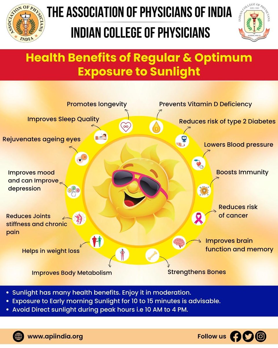 Discover the Healing Power of Sunlight ☀️🌿 Embrace the Benefits of Sun Exposure for a Healthier You!

DR GIRISH MATHUR 
PRESIDENT-API
DR JYOTIRMOY PAL 
DEAN-ICP
DR AGAM VORA 
SECRETARY-API

#SunlightBenefits #API #ICP #TheAssociationofPhysiciansofIndia #IndianCollegeofPhysicians